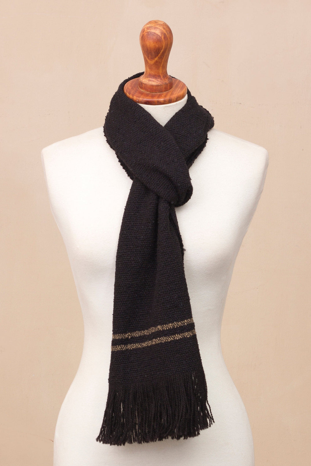 Black Alpaca Blend Scarf with Umber Stripes from Peru - Simplicity