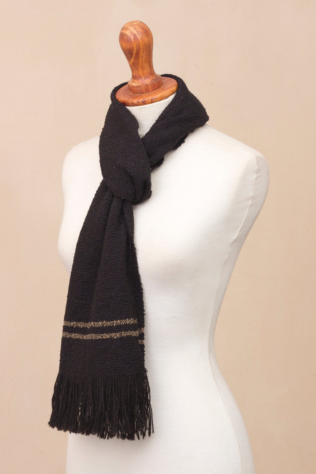 Black Alpaca Blend Scarf with Umber Stripes from Peru - Simplicity