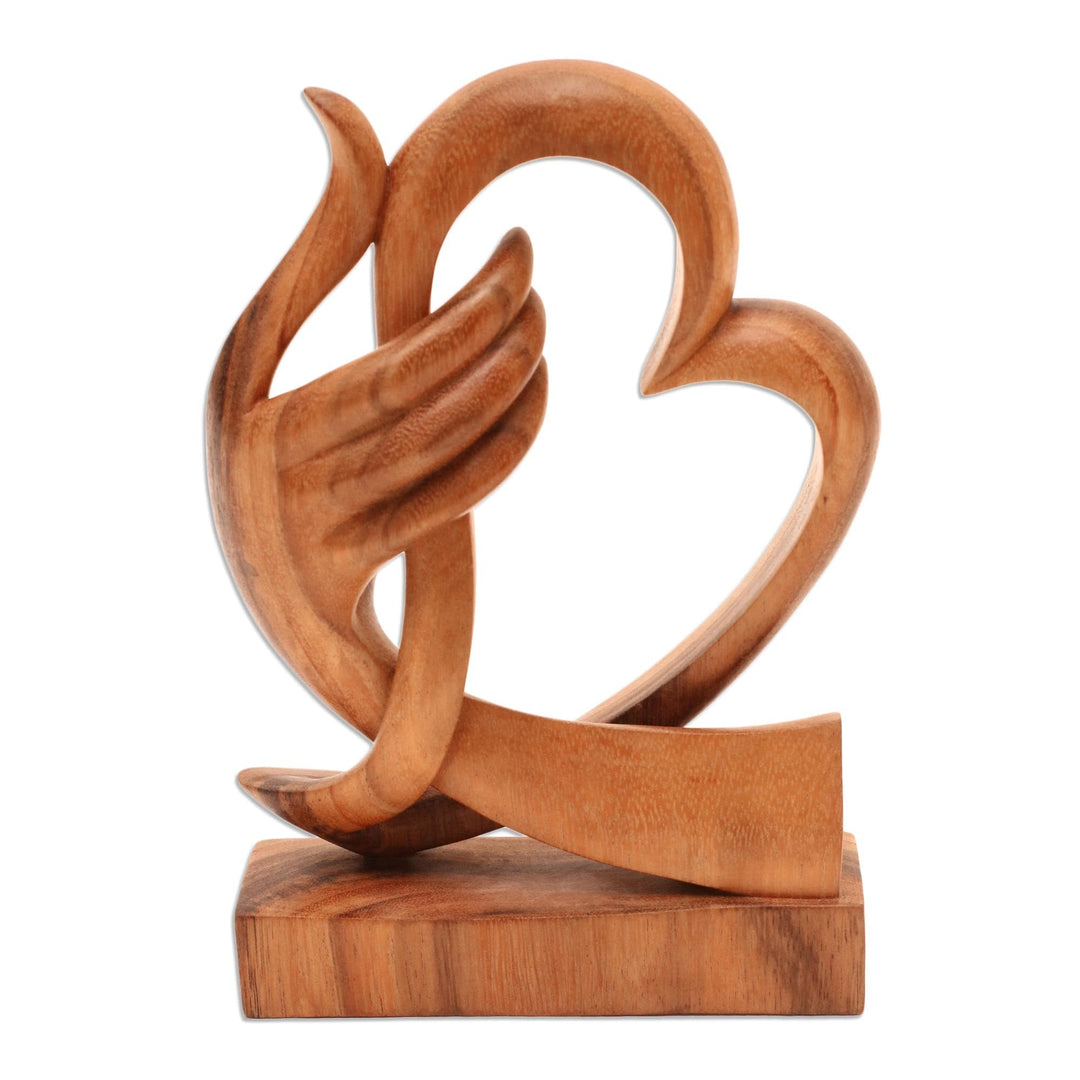 Heart-Themed Suar Wood Sculpture from Bali - Warm Love