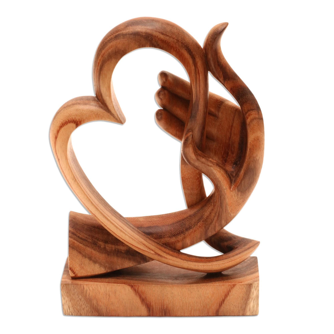 Heart-Themed Suar Wood Sculpture from Bali - Warm Love