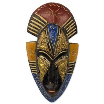 Ghanaian Sese Wood Wall Mask with Brass Accents