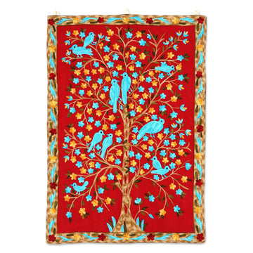 Bird-Themed Wool Chain Stitch Tapestry from India - Abode of Birds II