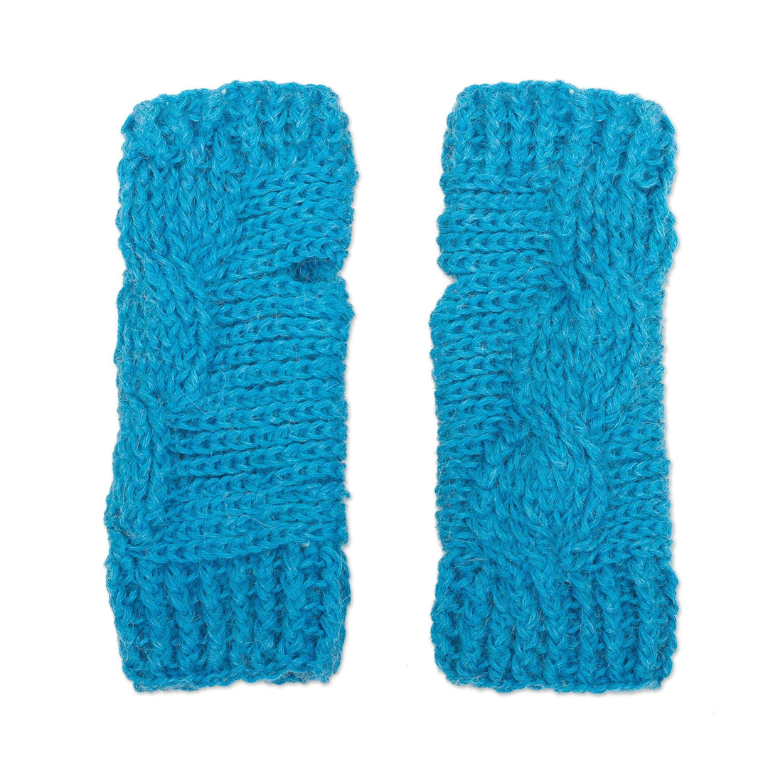 Hand-Crocheted 100% Alpaca Fingerless Mitts in Turquoise - Turquoise Braid