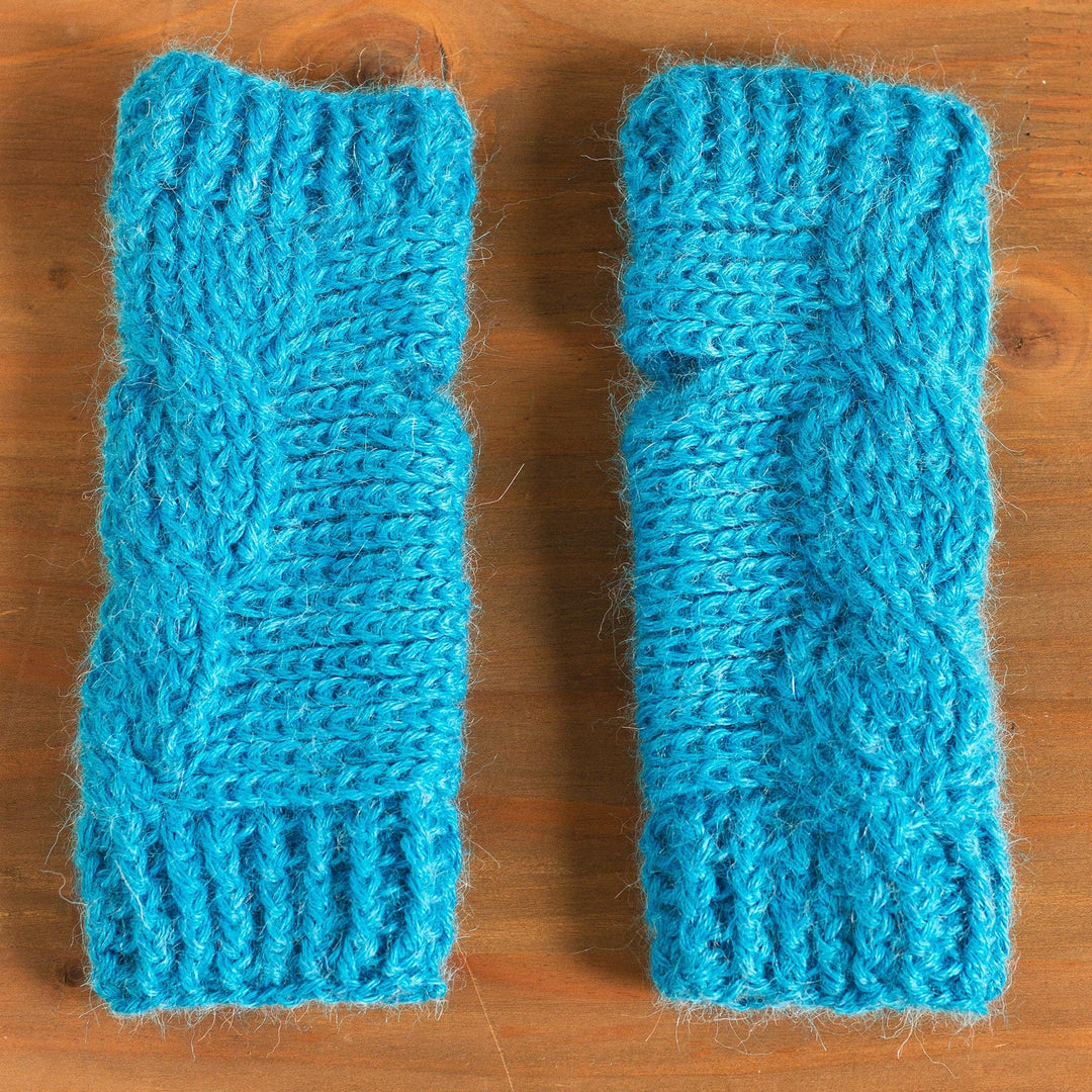 Hand-Crocheted 100% Alpaca Fingerless Mitts in Turquoise - Turquoise Braid