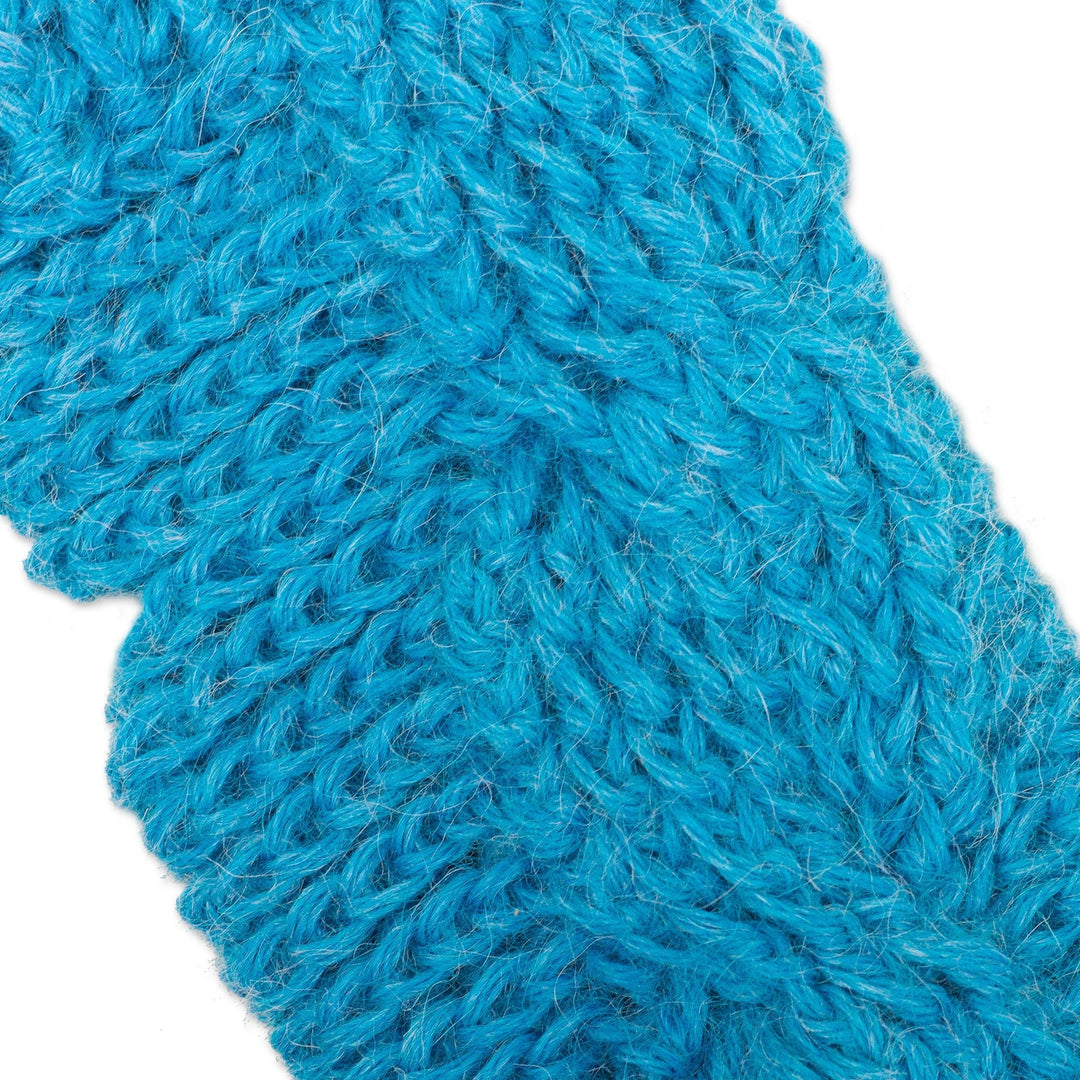 Hand-Crocheted 100% Alpaca Fingerless Mitts in Turquoise - Turquoise Braid