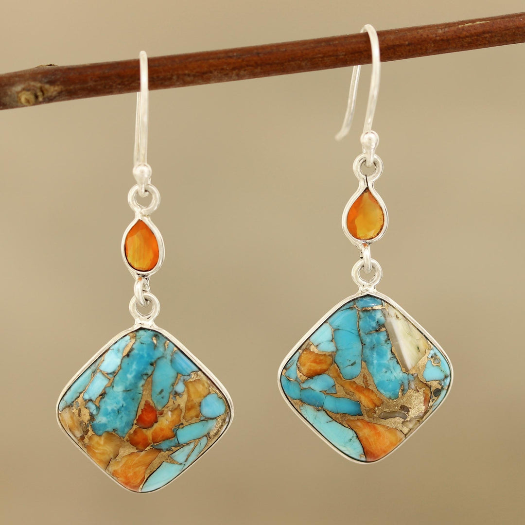 Carnelian and Composite Turquoise Sterling Silver Earrings - Colorful Kites