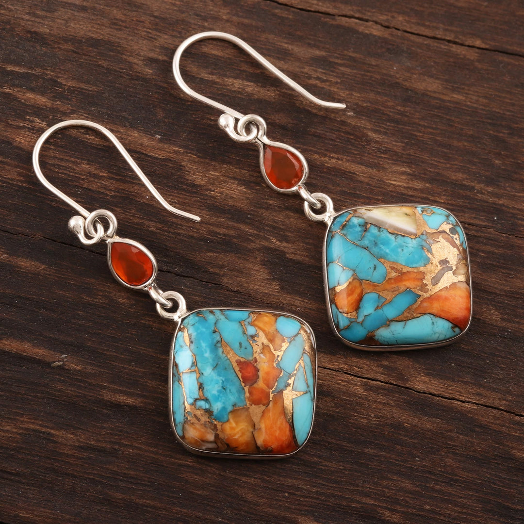 Carnelian and Composite Turquoise Sterling Silver Earrings - Colorful Kites