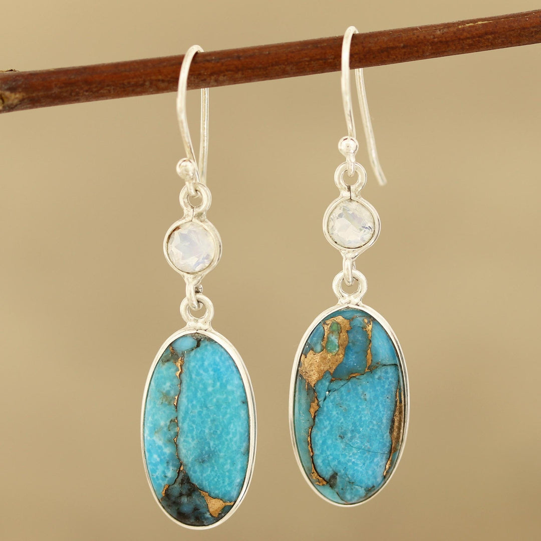 Rainbow Moonstone and Composite Turquoise Silver Earrings - Celestial Light