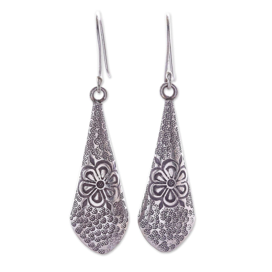 Floral Motif Karen Silver Dangle Earrings from Thailand - Karen Fantasy