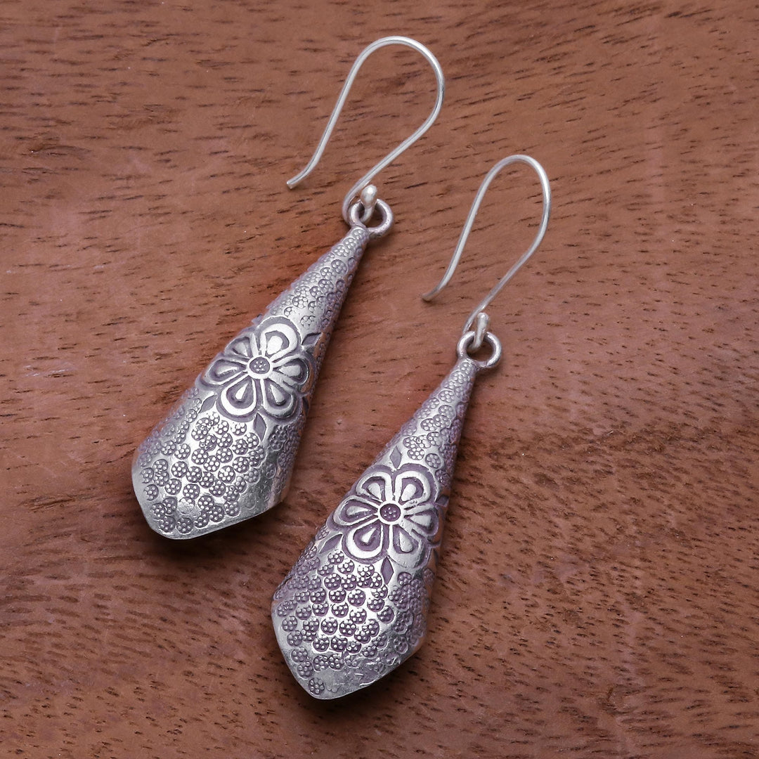 Floral Motif Karen Silver Dangle Earrings from Thailand - Karen Fantasy