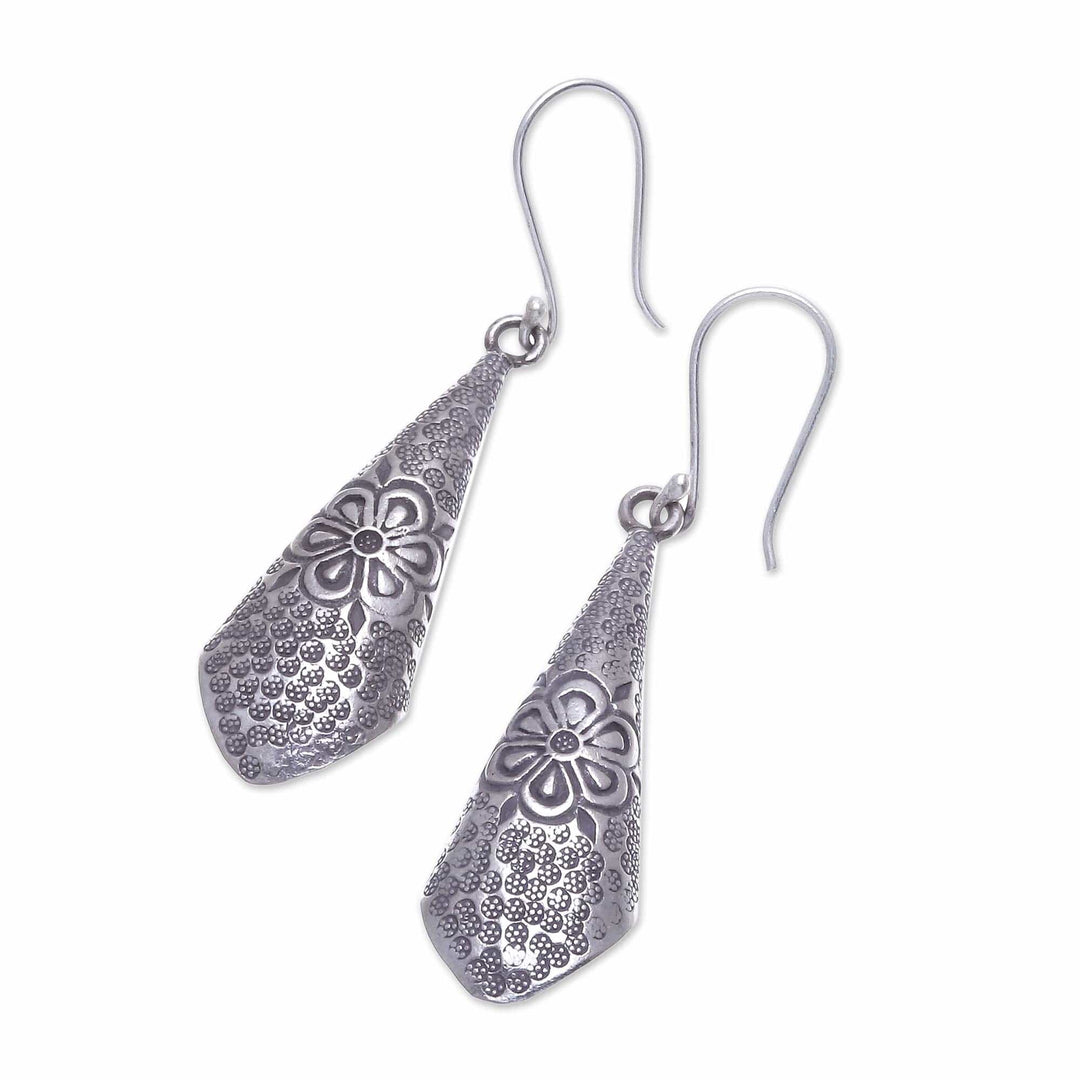 Floral Motif Karen Silver Dangle Earrings from Thailand - Karen Fantasy