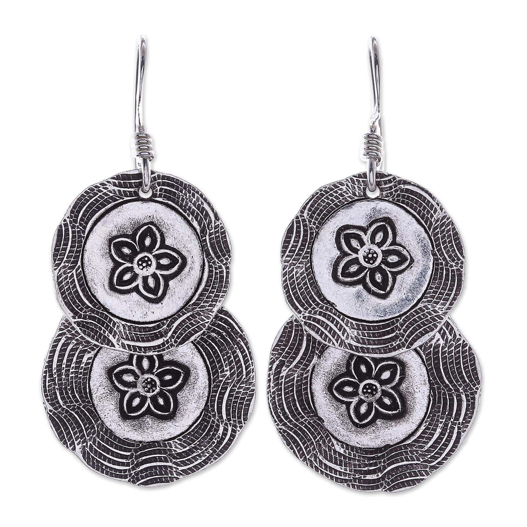 Round Floral Karen Silver Dangle Earrings from Thailand - Floral Cyclones