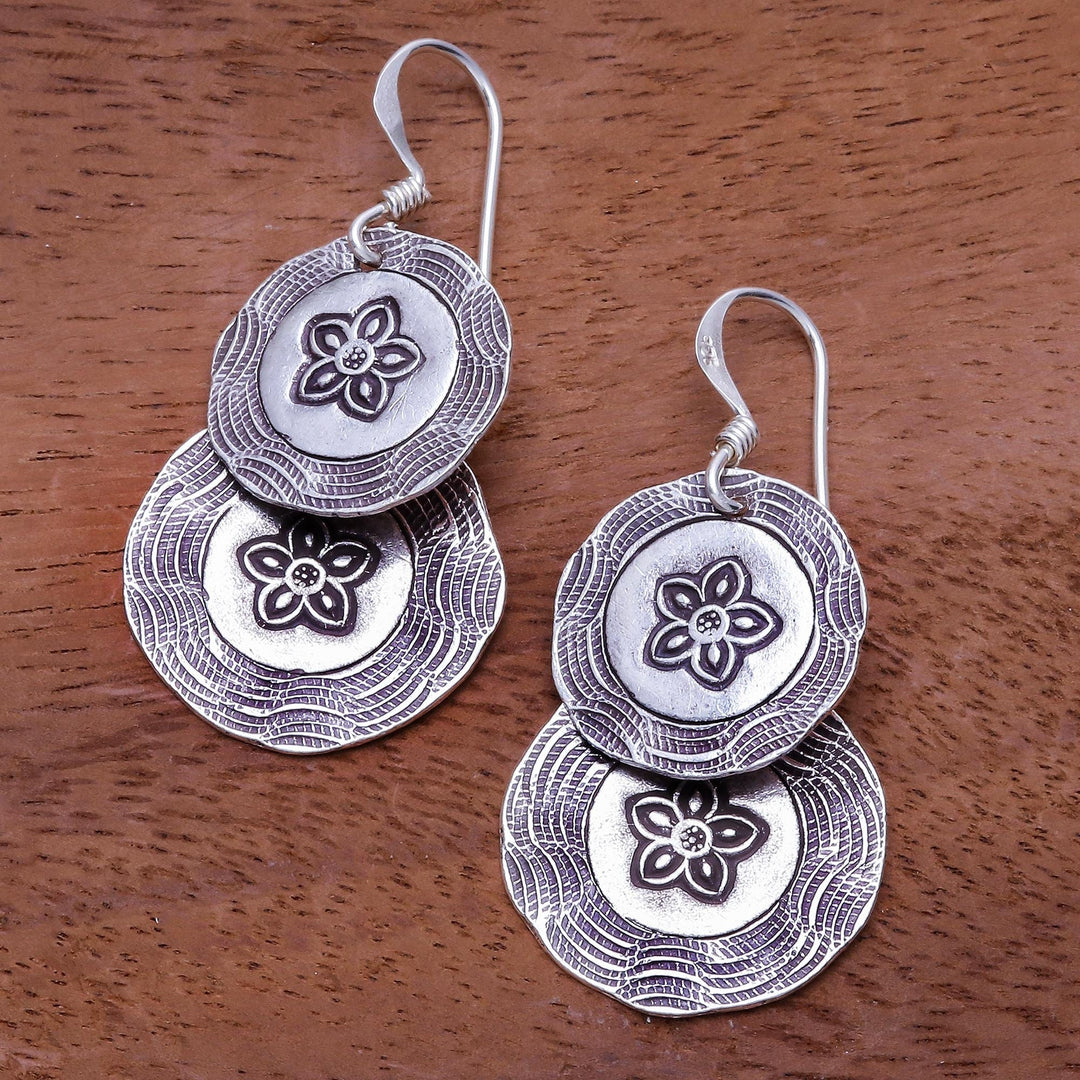 Round Floral Karen Silver Dangle Earrings from Thailand - Floral Cyclones