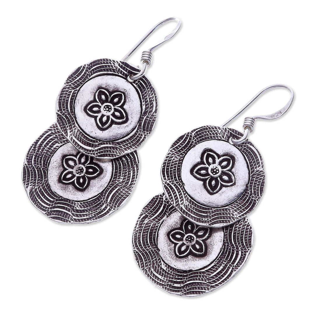 Round Floral Karen Silver Dangle Earrings from Thailand - Floral Cyclones