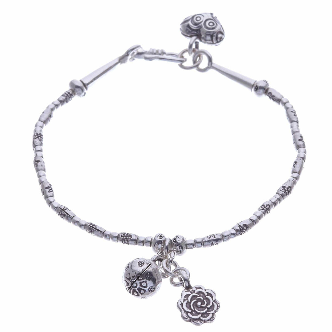 Floral Karen Silver Beaded Bracelet with Bell Charm - Floral Sound