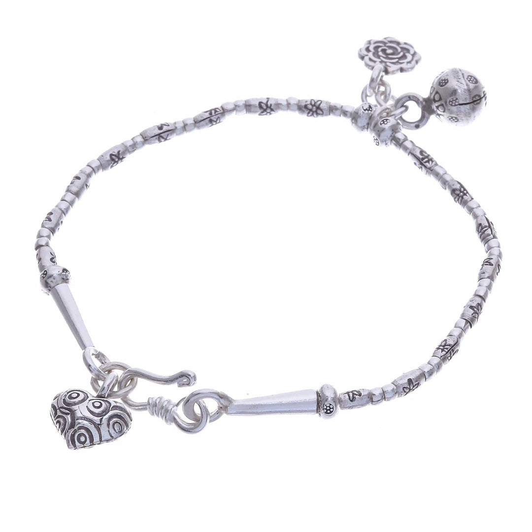 Floral Karen Silver Beaded Bracelet with Bell Charm - Floral Sound