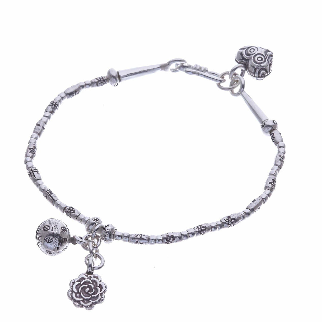 Floral Karen Silver Beaded Bracelet with Bell Charm - Floral Sound