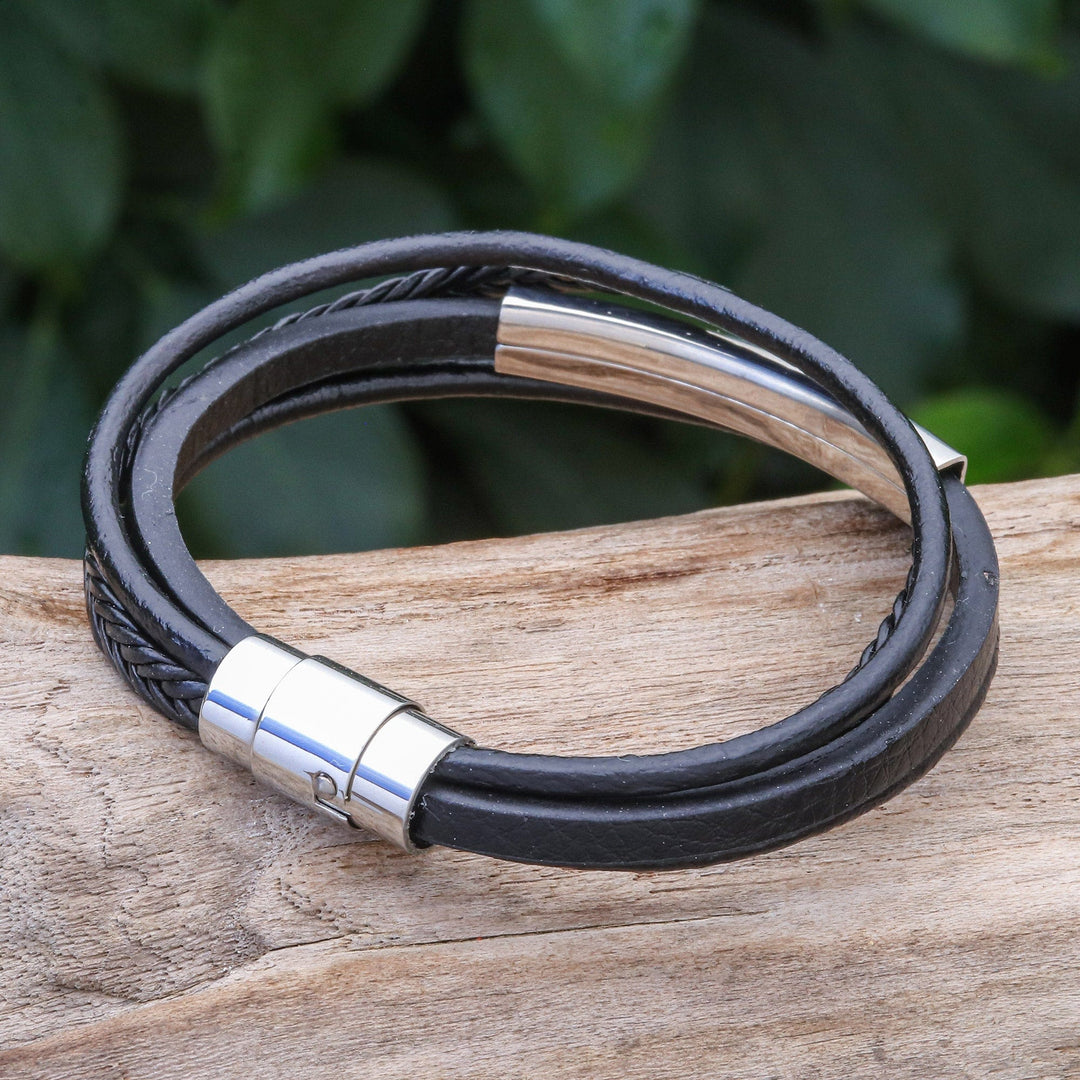 Leather Strand Bracelet in Black from Thailand - Mighty Strength in Black