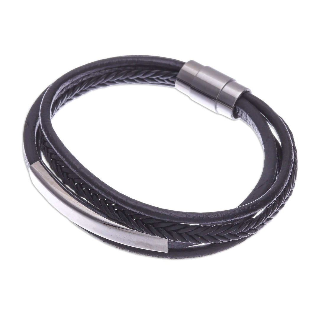 Leather Strand Bracelet in Black from Thailand - Mighty Strength in Black