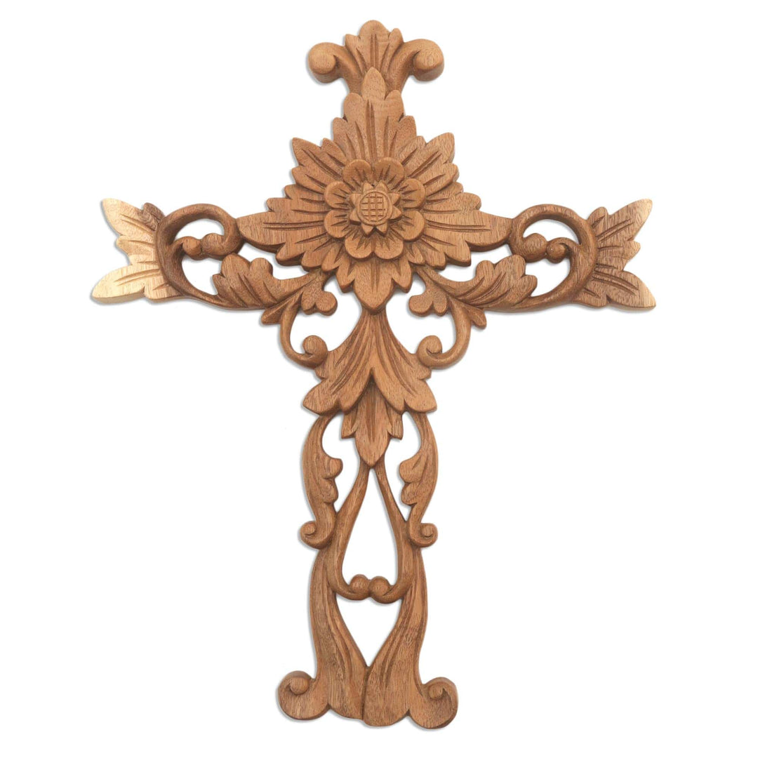 Hand Carved Wood Wall Cross with Floral Motifs - Florid Cross