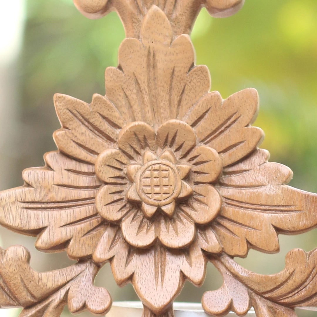 Hand Carved Wood Wall Cross with Floral Motifs - Florid Cross