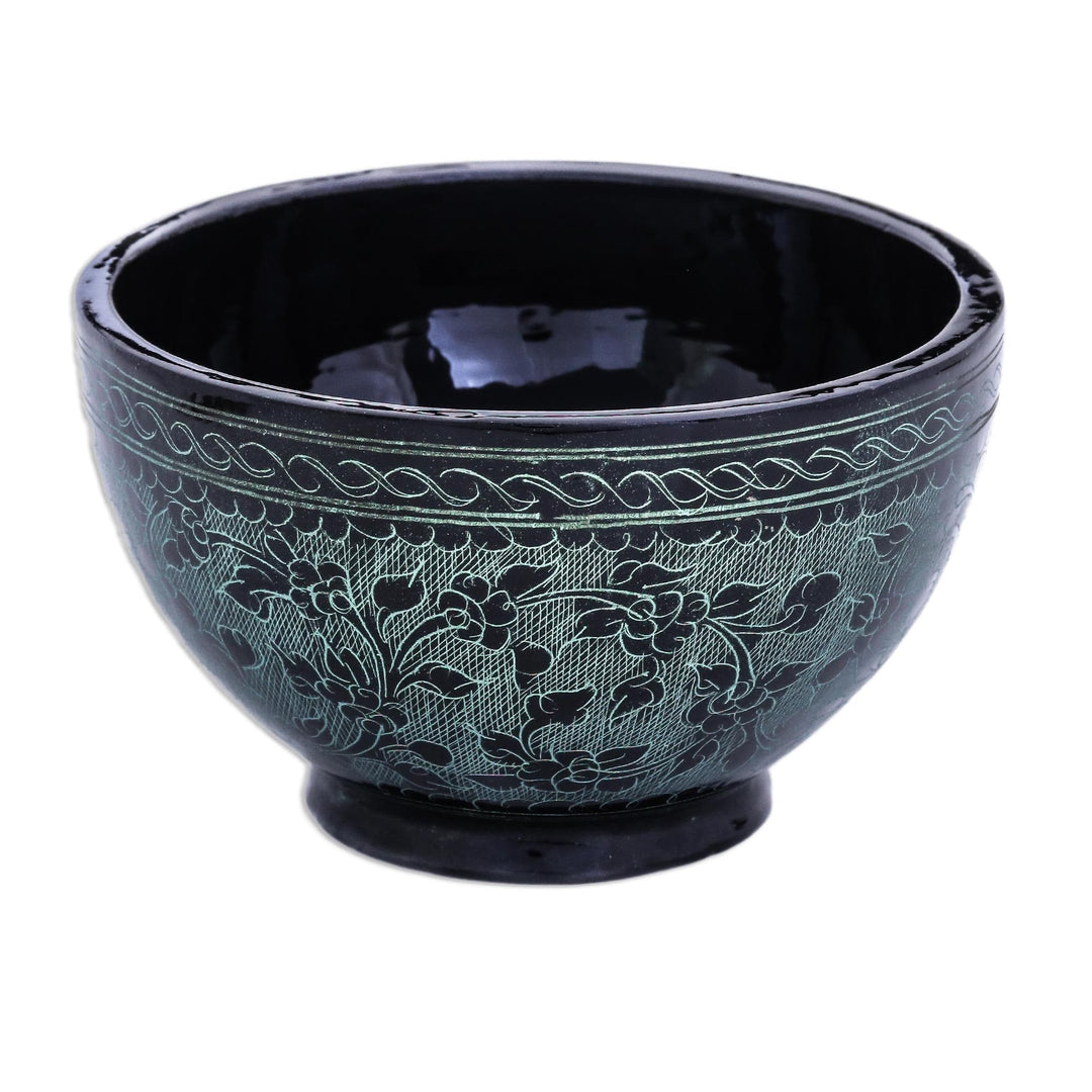 Black and Green Thai Lacquered Decorative Bowl - Verdant Floral Forest