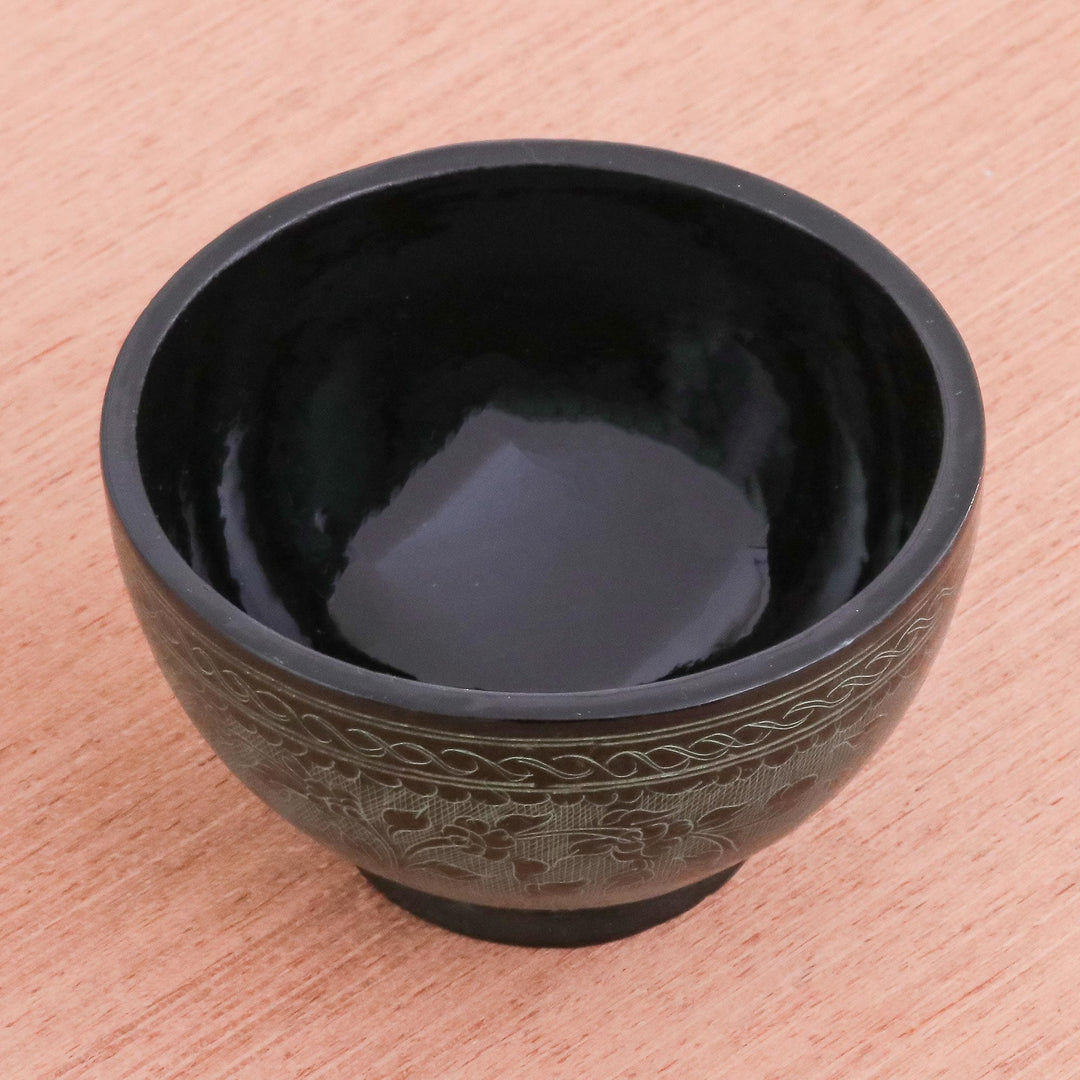 Black and Green Thai Lacquered Decorative Bowl - Verdant Floral Forest
