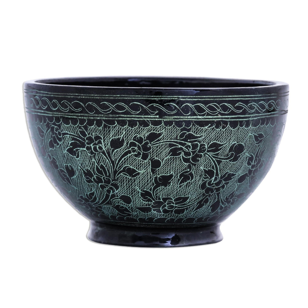 Black and Green Thai Lacquered Decorative Bowl - Verdant Floral Forest