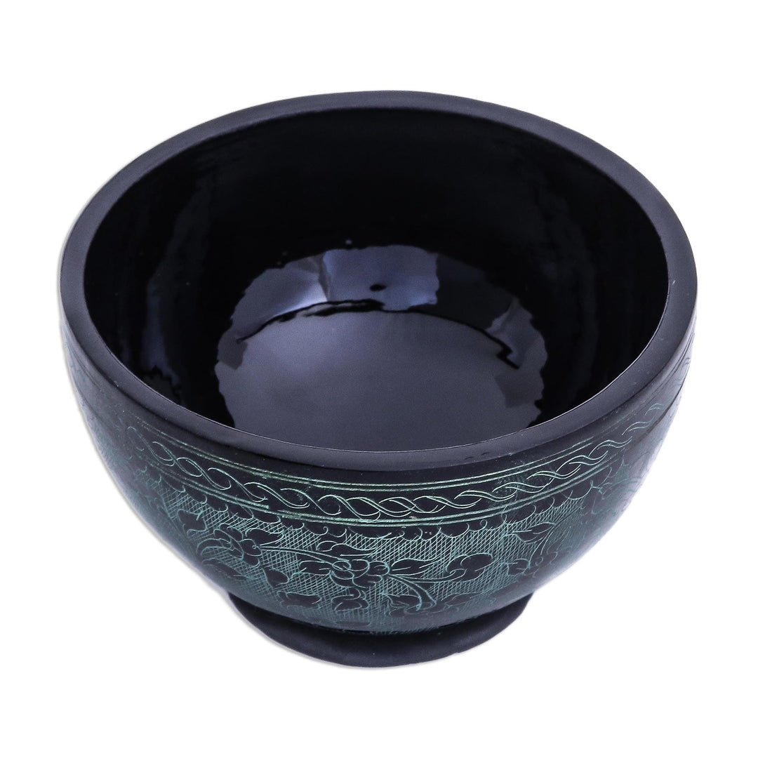 Black and Green Thai Lacquered Decorative Bowl - Verdant Floral Forest