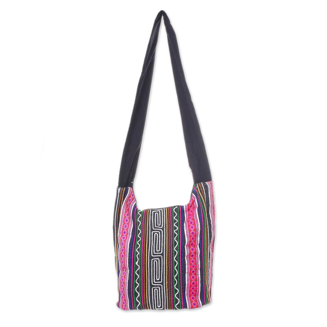 Black and Multi-Color Embellished Cotton Blend Shoulder Bag - Vibrant Energy