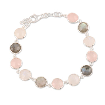 24-Carat Multi-Gemstone Link Bracelet in Pink from India - Soft Round Glitter