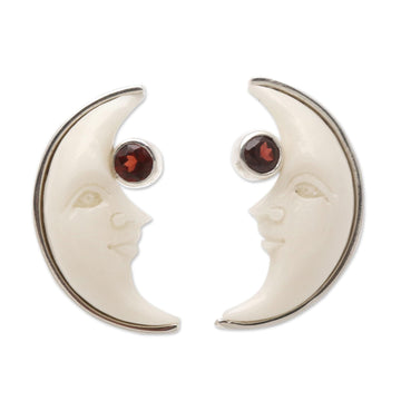 Garnet Crescent Moon Button Earrings from Bali - Moon Awakening