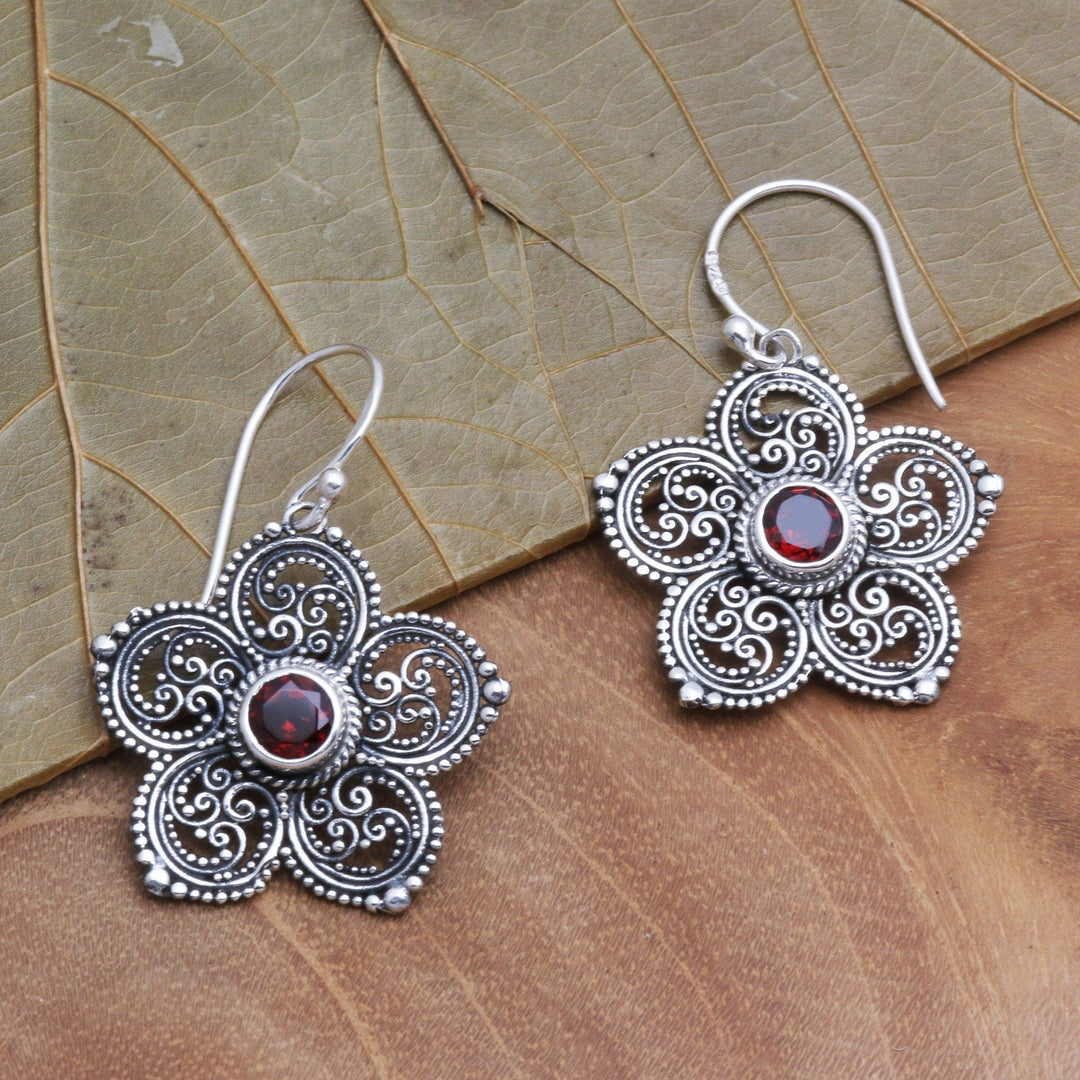 Sterling Silver and Garnet Flower Earrings - January's Flower