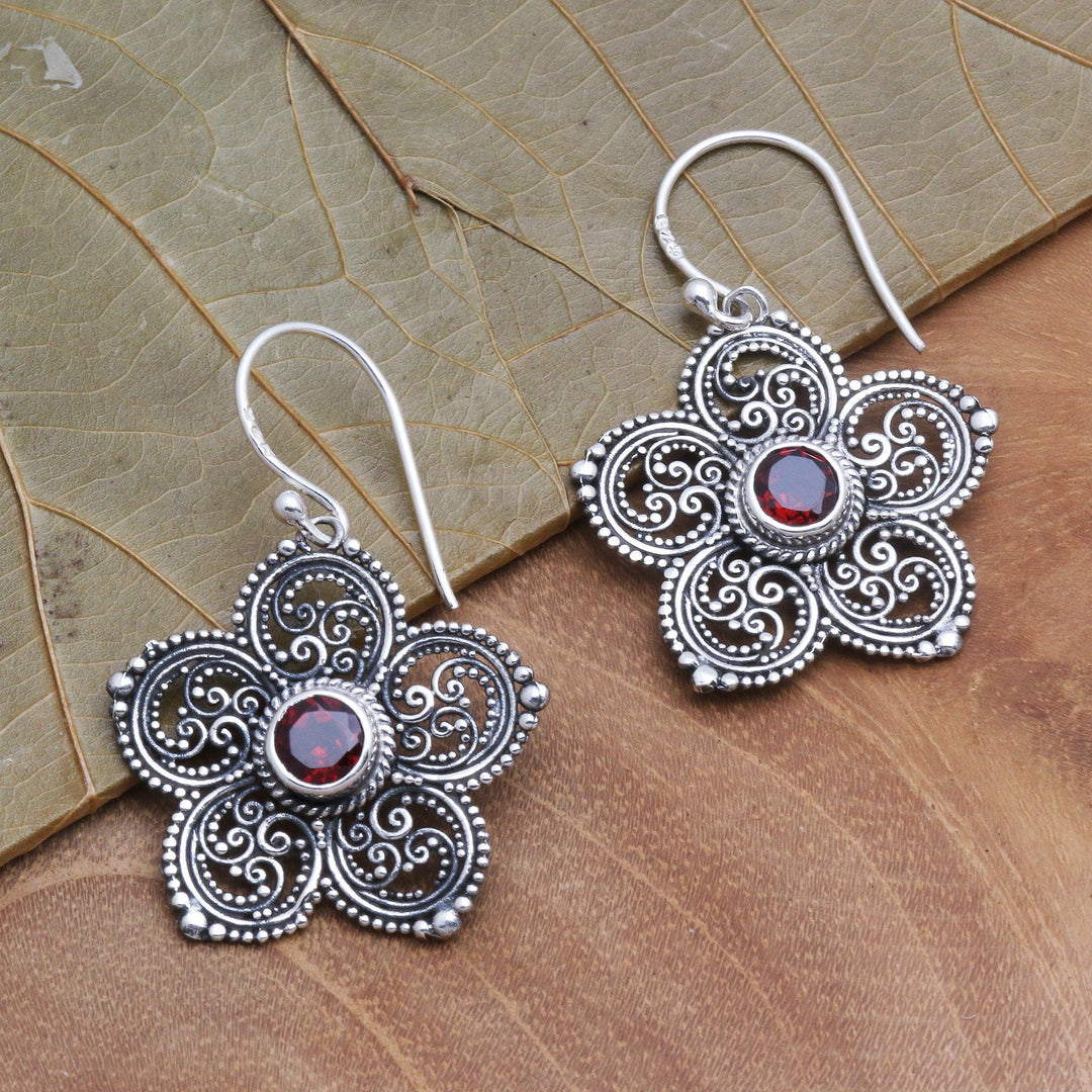 Sterling Silver and Garnet Flower Earrings - January's Flower