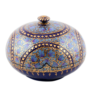 Hand Painted Papier Mache Decorative Round Box - Kashmir Indigo