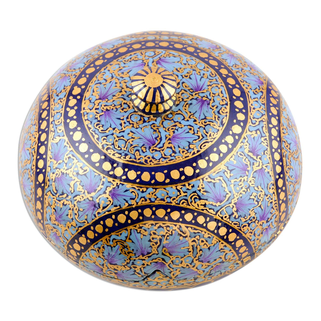 Hand Painted Papier Mache Decorative Round Box - Kashmir Indigo