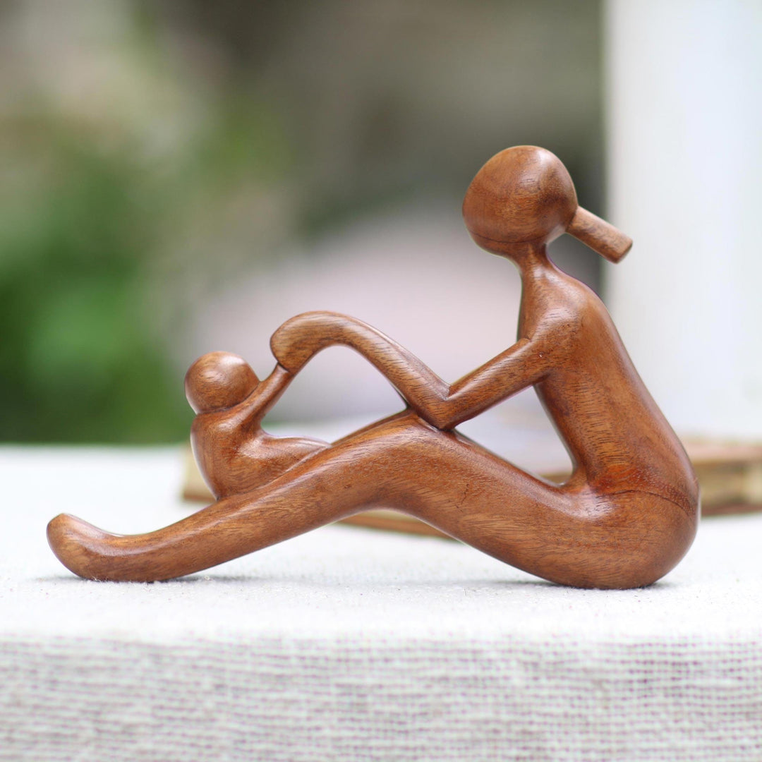 Natural Suar Wood Mother and Child Sculpture from Bali - Mom and Infant