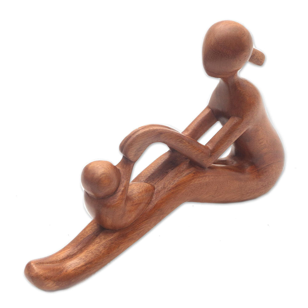 Natural Suar Wood Mother and Child Sculpture from Bali - Mom and Infant