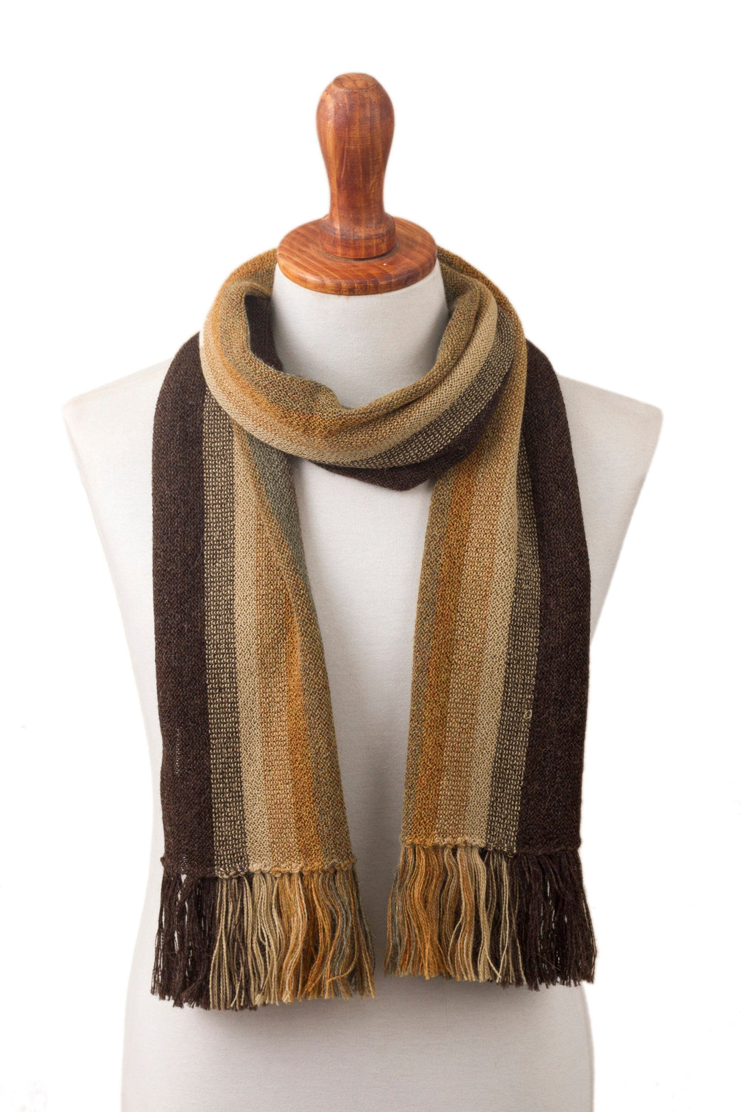 Shades of Brown and Sage Green 100% Alpaca Knit Scarf - Cliffside Stripes