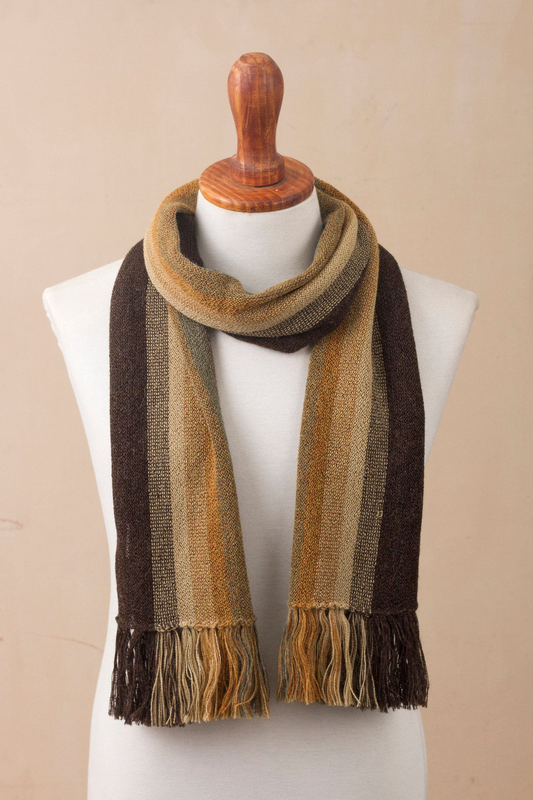 Shades of Brown and Sage Green 100% Alpaca Knit Scarf - Cliffside Stripes