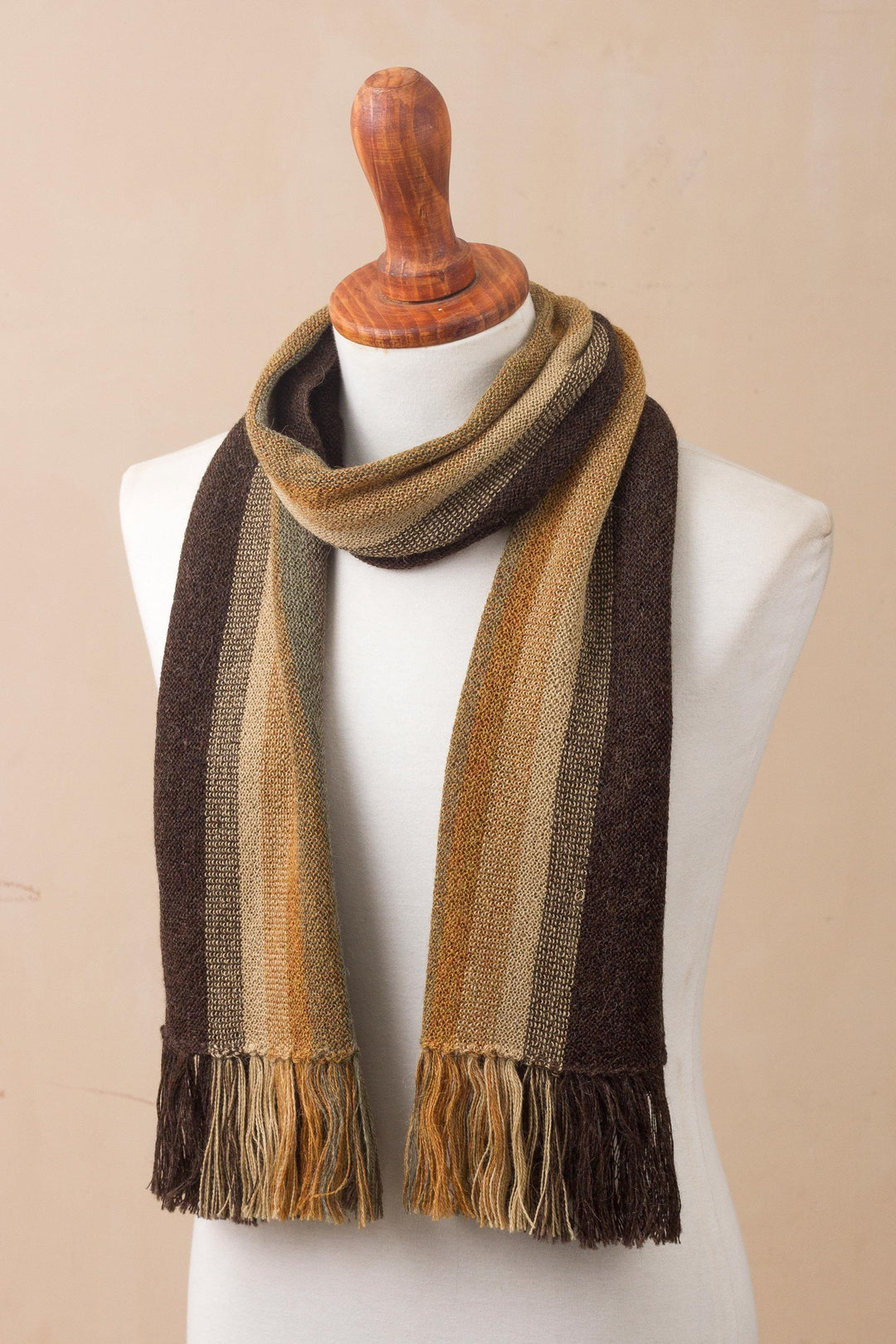 Shades of Brown and Sage Green 100% Alpaca Knit Scarf - Cliffside Stripes