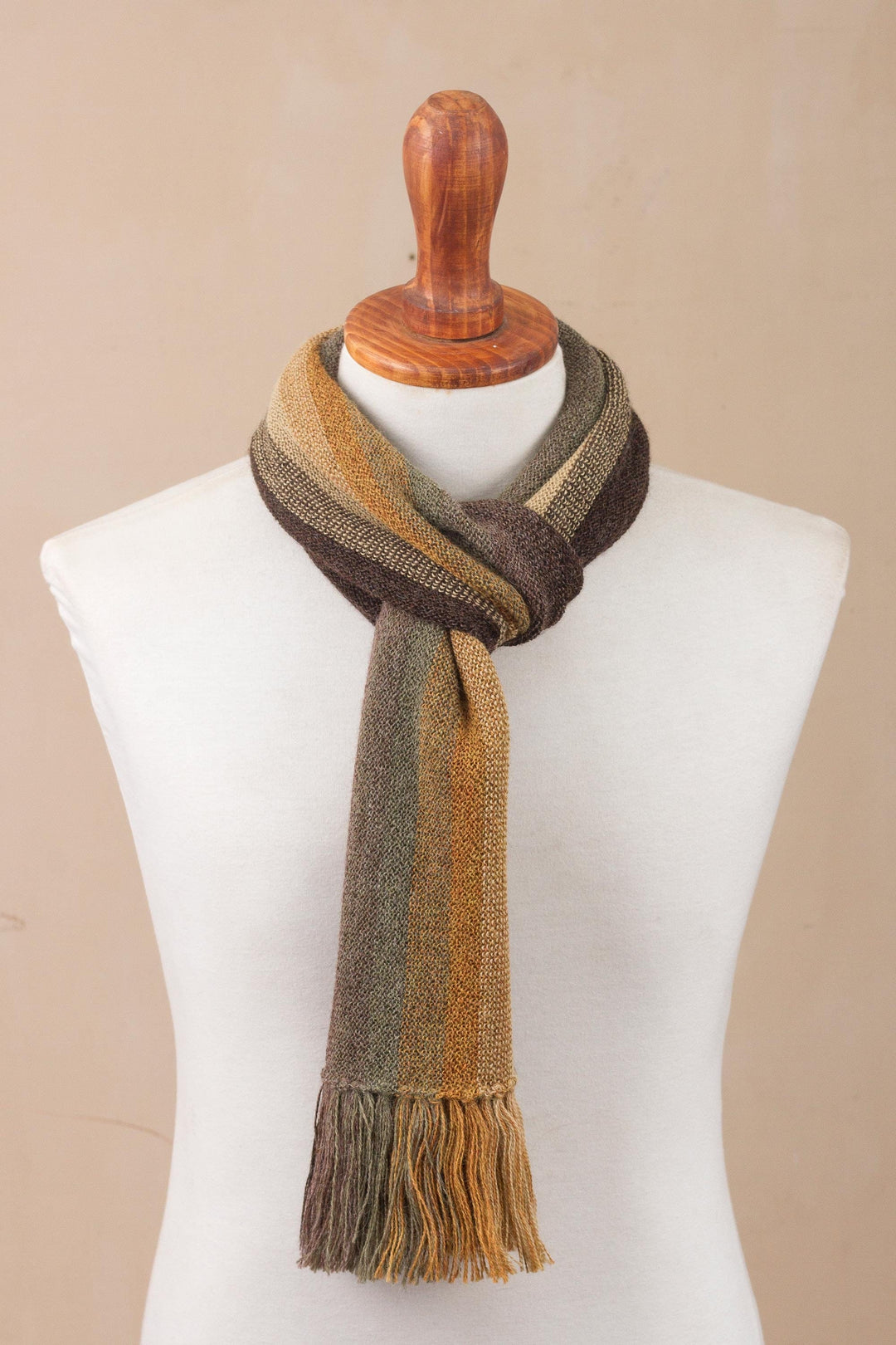 Shades of Brown and Sage Green 100% Alpaca Knit Scarf - Cliffside Stripes