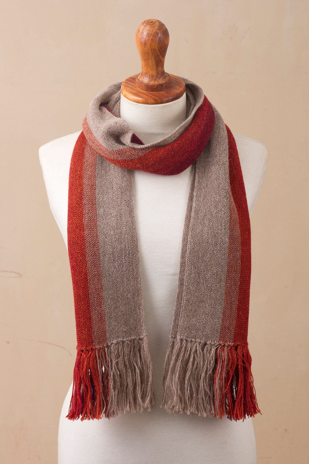 Shades of Brown Orange Berry 100% Alpaca Knit Scarf - Mesa Stripes