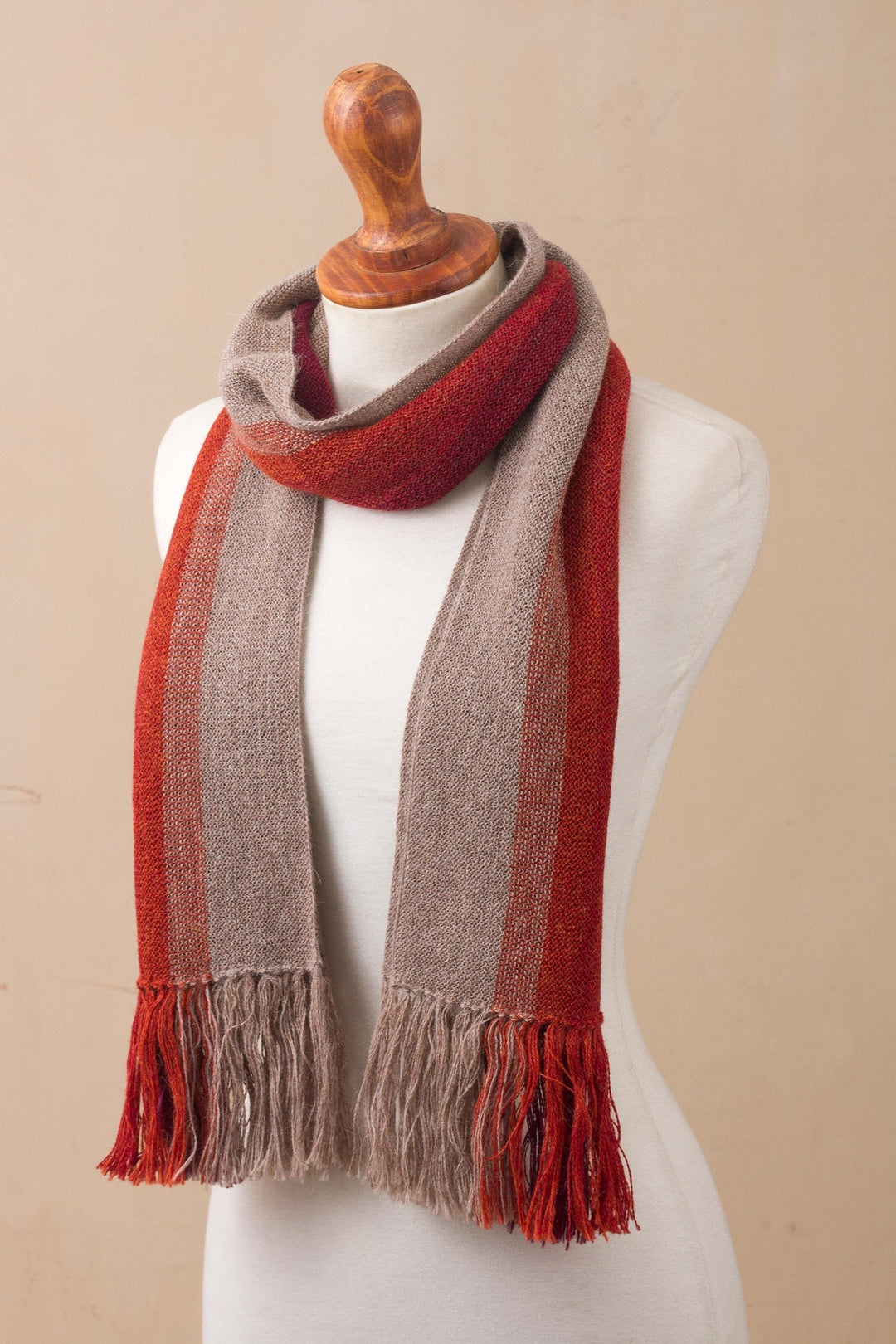 Shades of Brown Orange Berry 100% Alpaca Knit Scarf - Mesa Stripes