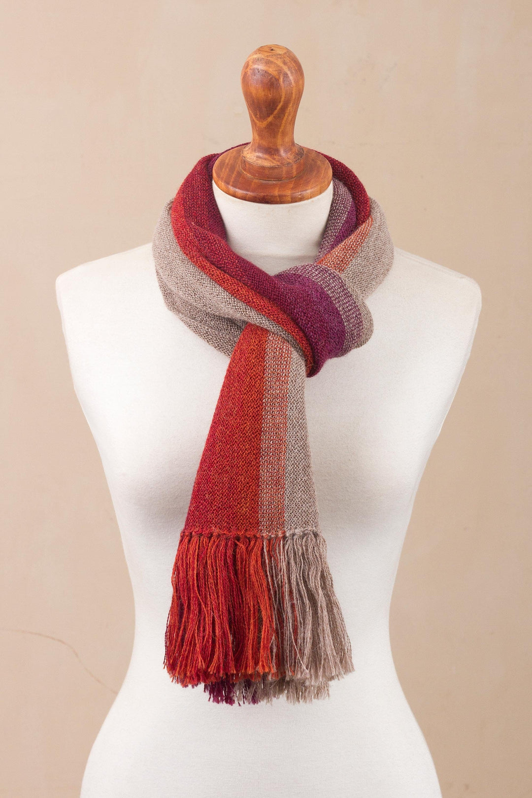 Shades of Brown Orange Berry 100% Alpaca Knit Scarf - Mesa Stripes