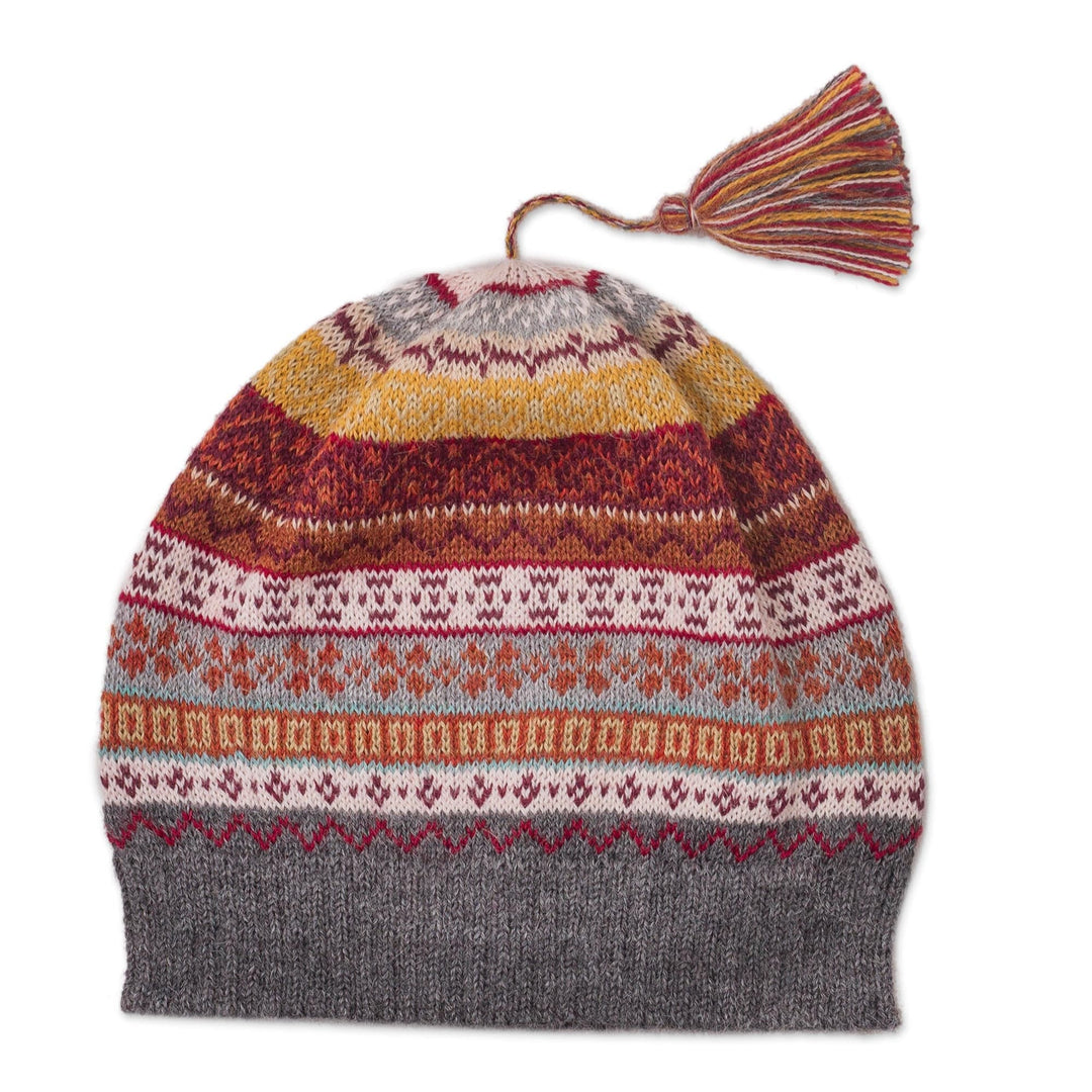 Burnt Sienna and Pink and Grey 100% Alpaca Knit Hat - Inca Countryside