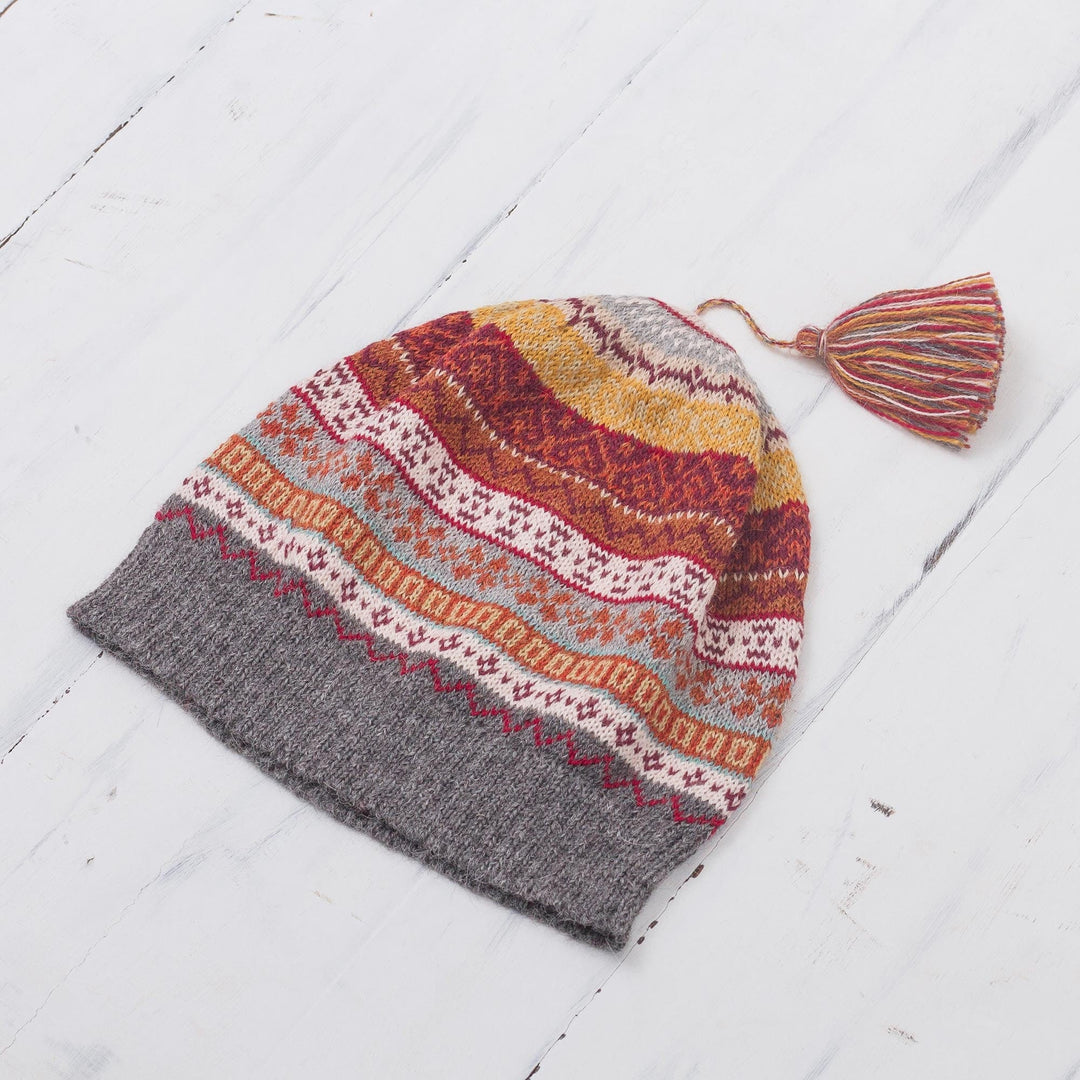 Burnt Sienna and Pink and Grey 100% Alpaca Knit Hat - Inca Countryside