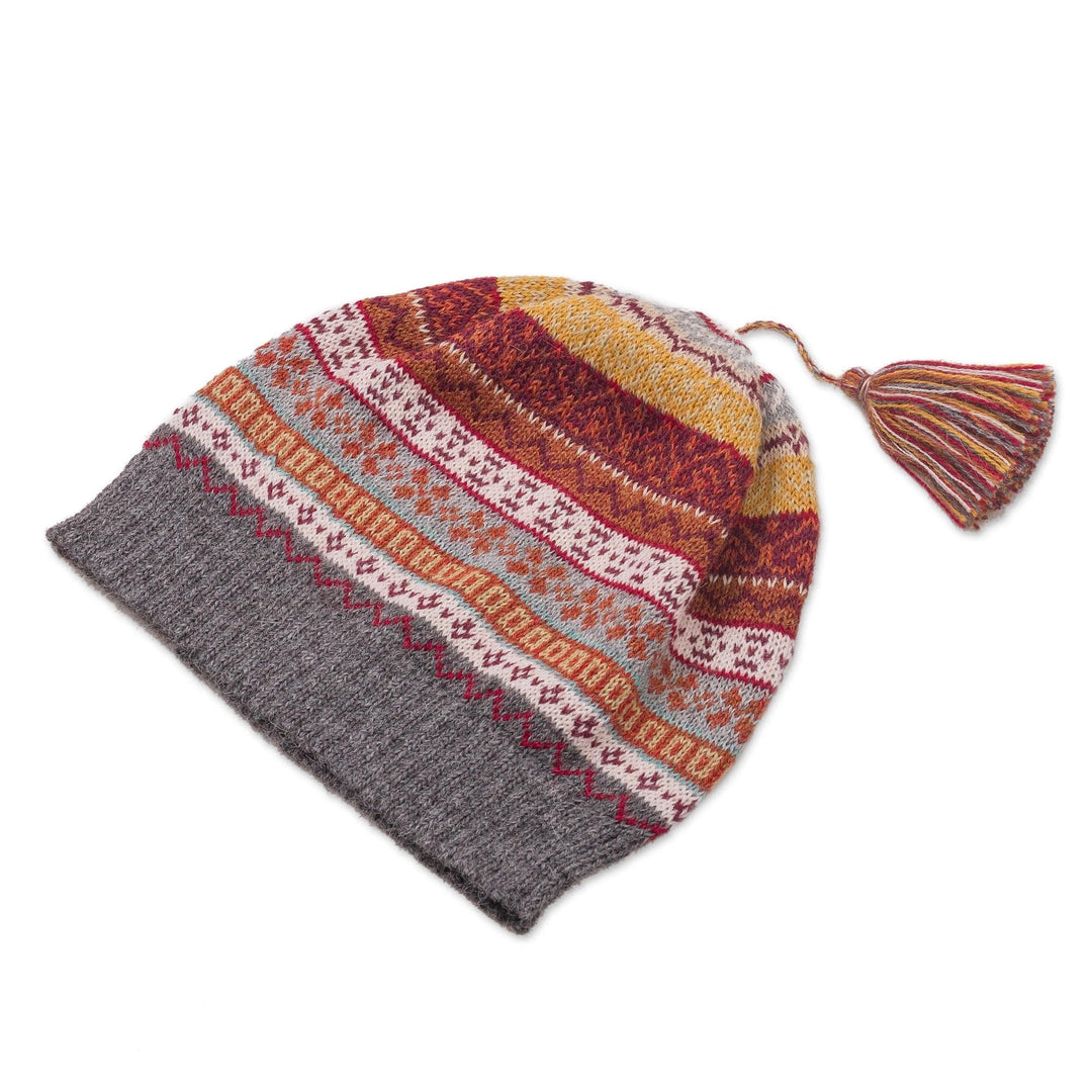 Burnt Sienna and Pink and Grey 100% Alpaca Knit Hat - Inca Countryside
