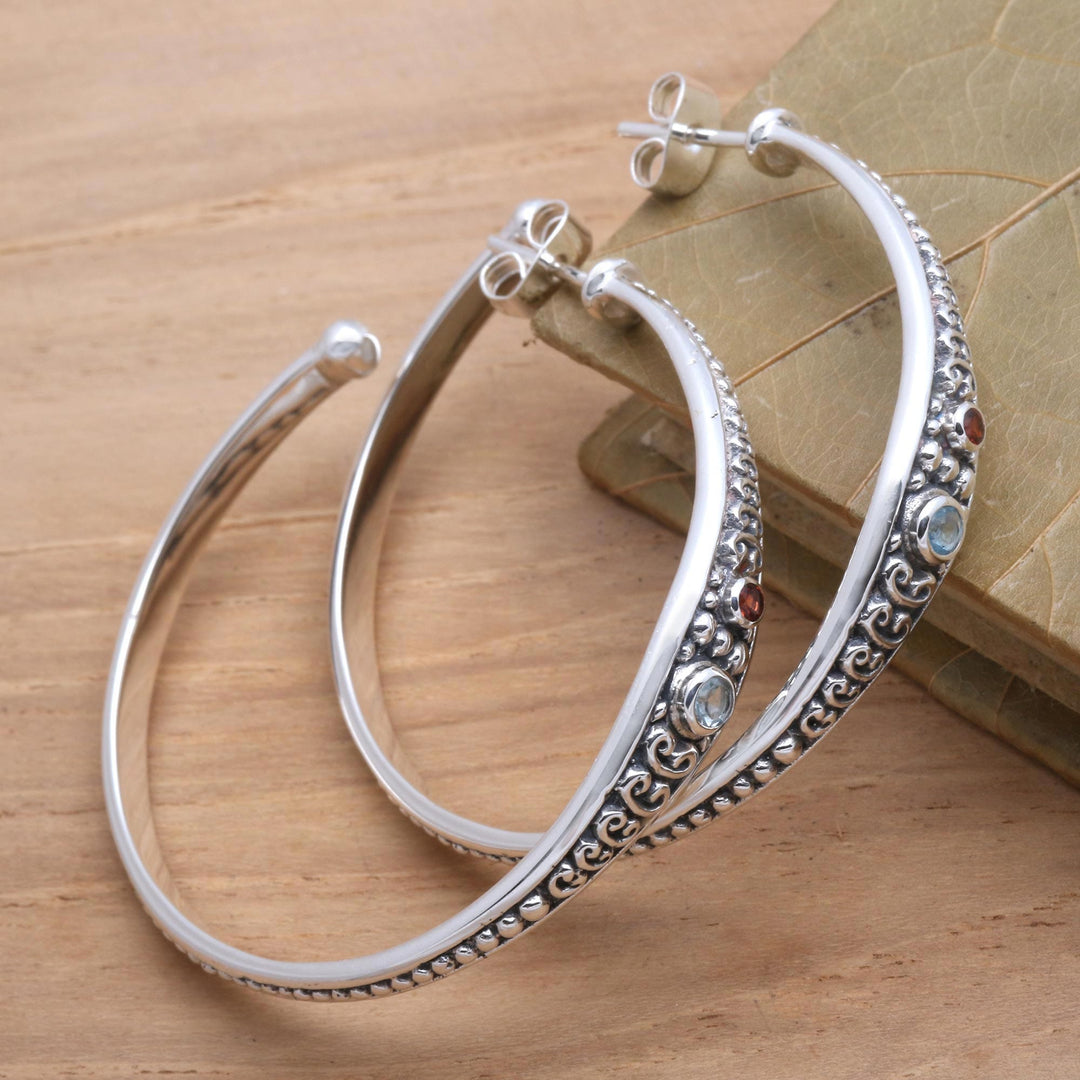 Blue Topaz and Garnet Sterling Silver Half Hoop Earrings - Majestic Air