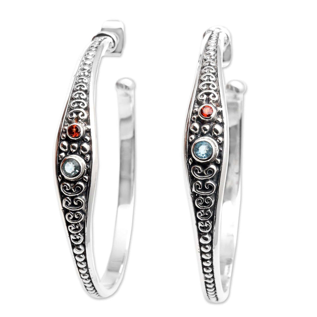 Blue Topaz and Garnet Sterling Silver Half Hoop Earrings - Majestic Air